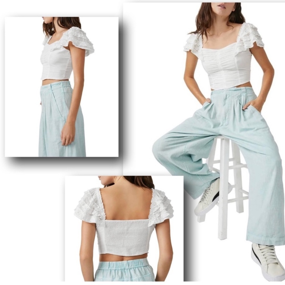 Free People White Cotton Smocked Crop Top Large